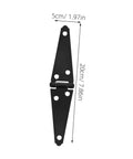 Gate hinge front view, JECOMPRIS heavy-duty black steel, 20 cm long by 5 cm wide with screw holes.