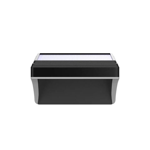 Front view of a solar fence light in black, part of 4-pack outdoor waterproof wall lights for steps and patio, two color modes, durable.