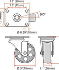 All-black metal swivel plate caster with a 3-inch wheel, heavy-gauge steel, no brake; shown from front and side views