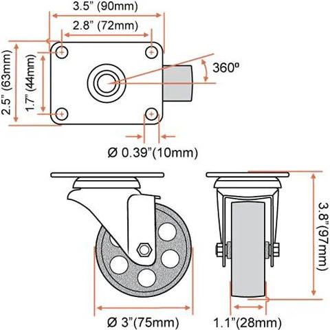 All-black metal swivel plate caster with a 3-inch wheel, heavy-gauge steel, no brake; shown from front and side views