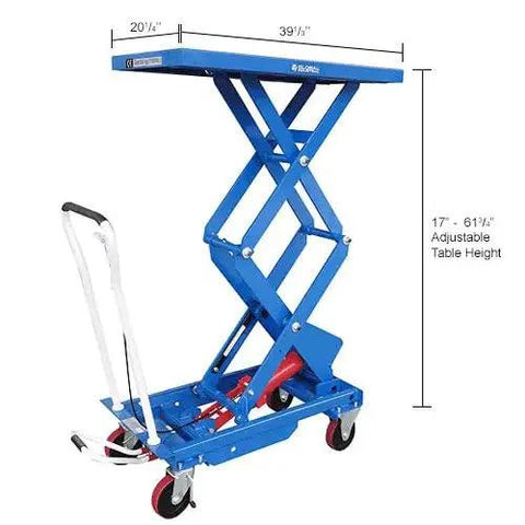 Mobile Double Scissor Lift Table With 39 By 20 Platform And 1100 Lbs Capacity Featuring Pedal Powered Hydraulic Rig shown in blue with adjustable height.