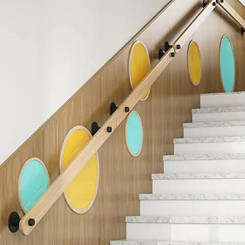 Top Shelf Pine Wood Stair Handrail Featuring Smooth Non Slip Grip And Straight Up Rock Solid Build Designed For Indoor Staircase Safety with colorful wall accents.