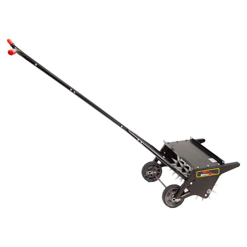 20 Inch Premium Push Spike Aerator With 3D Galvanized Steel Tines And Weight Tray For Deep Core Penetration Durable Heavy Duty Yard Lawn Care Tool For Compacted Soil Pro Grade Aeration For Thicker Healthier Lawns viewed from side