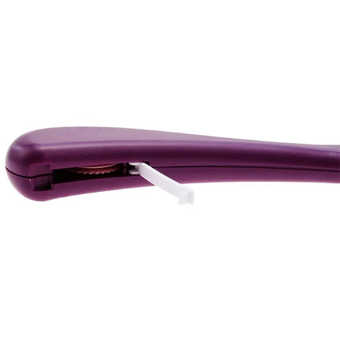 Needle Threading Device With Replaceable Alignment Wheel For Neat Stitches, Pro Grade Durable Plastic Sewing Wheel, Handy Patchwork Tool For Sewing And Patchwork Projects, Easy Grip, Perfect For Crafting, Quilting, And Mending close-up purple plastic body with white wheel