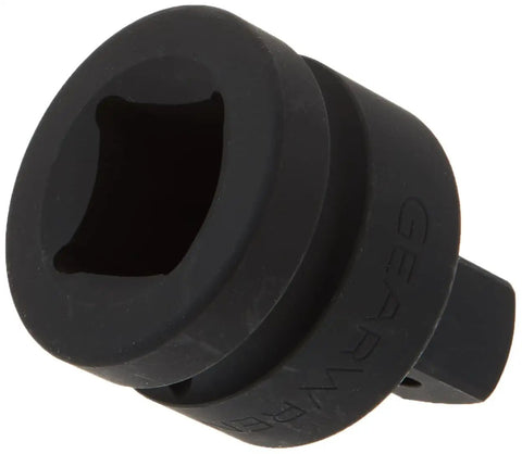 Close-up of Heavy Duty 1 Inch Drive To Three Quarters Inch Male Impact Adapter With Chrome Molybdenum Steel Construction Through Hole Pin And O Ring Retention Built Tough For Auto Shop Jobs Delivers Mean Torque And Long Lasting Performance, showcasing its robust design and dark finish.