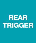 Text 'REAR TRIGGER' on a teal background highlighting feature of Full Size Zinc Pistol Grip Garden Hose Nozzle With Threaded Front Silver Metal Construction Beefy Heavy Duty Water Sprayer With Flow Control Dial And Rear Control For Cleaning Tasks.