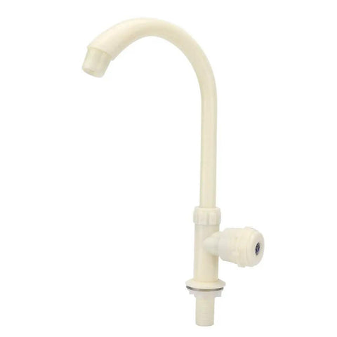 Maqulae ABS Plastic Kitchen Sink Faucet, G1/2in Single Cold Rotating in white with a curved spout and single handle.