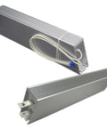 ALLIN8 braking resistor shell enclosures, aluminum with finned heat sinks; two units, one with white wires and blue terminals.