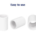 Three white 10 Pack 3/4 Inch PVC Pipe Coupling Fittings Socket To Socket Slip Connectors, SCH40 rating, with smooth finish