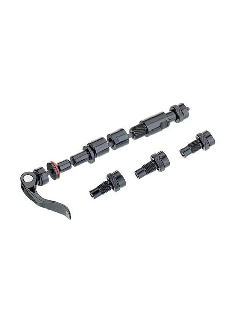 Complete Through Axis Adapter Kit For TacX Flux 2 Flux S And NEO Trainer, components arranged, 12mm thru axle setup visible