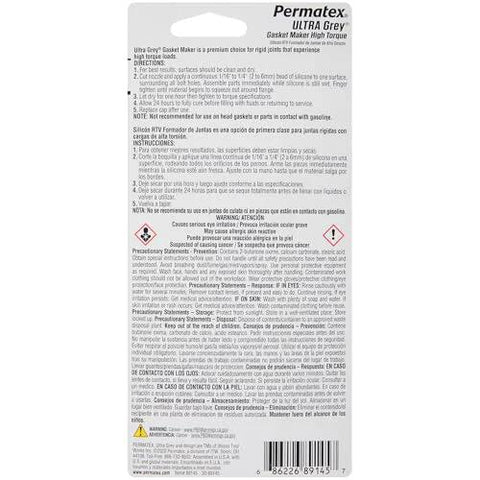 Permatex Ultra Grey RTV gasket maker back-of-package, 3.5 oz tube, automotive gasket sealant.