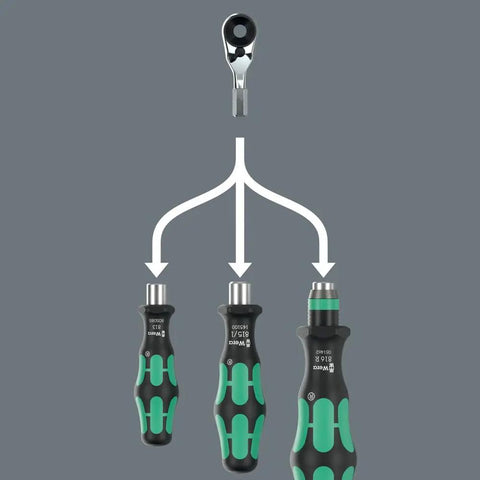 Zyklop Mini 4 Bit Ratchet One Quarter Inch Drive Fifty Millimeter Hex Bit Holder Direct Take Up Grip next to screwdriver handles.