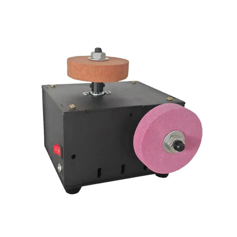 Heavy Duty Dual Wheel Bench Grinder With Copper Motor, compact design, features pink and brown wheels for sharpening and polishing tasks.