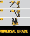 DEWALT metal shear/cutter drill attachment with 360° pivoting head; yellow/black, shown in front and installed views.