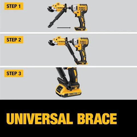 DEWALT metal shear/cutter drill attachment with 360° pivoting head; yellow/black, shown in front and installed views.