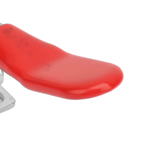 Close-up of red handle on Beefy Heavy Duty Horizontal Toggle Clamp With Galvanized Iron Construction For Quick Rock Solid Hold