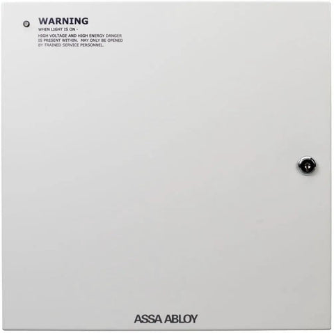 Tough As Nails Dual Voltage Switching Power Supply With Heavy Duty Enclosure And One Amp Output For 12 Or 24 Volt Electric Locks Featuring Auto Restart And Dead Simple Circuit Breaker Protection, white enclosure with warning label.