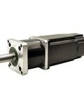 NEMA 23 stepper motor with planetary gearbox and brake, black housing, front silver mounting flange with shaft