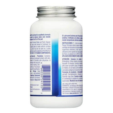 Permatex 24125 Ceramic Extreme Brake Parts Lubricant bottle, 8 oz, side view; white plastic bottle with blue label