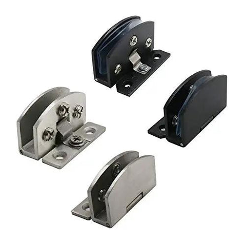 Two Pack No Drilling Heavy Duty Clamp Hinge For Glass Doors And Cabinets Zinc Alloy Durable And Stable shown in silver and black