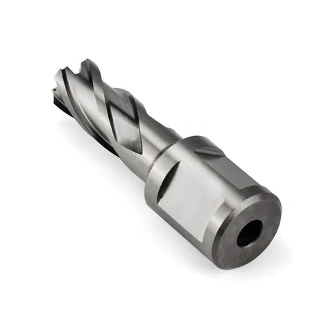 Oscarbide annular cutter with 3/4 inch Weldon shank, 1/2 in cutting diameter, 1 in depth, steel body, side view