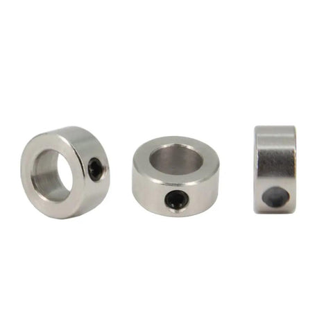10mm Shaft Collar Lock Ring Set For 3D Printer Parts With M5 Screws, Carbon Steel Nickel Plated, Silver Finish showing side and top view