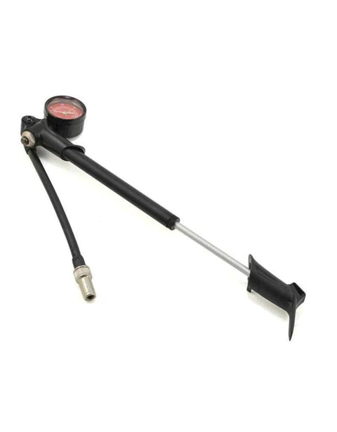 Front view of RockShox high-pressure fork/shock pump, black body with gauge and hose, 300 psi max
