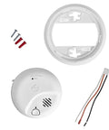 Hard Wired Smoke And Carbon Monoxide Detector With 10 Year Battery Backup, Ionization Sensor, mounting kit, and wiring shown