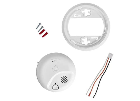 Hard Wired Smoke And Carbon Monoxide Detector With 10 Year Battery Backup, Ionization Sensor, mounting kit, and wiring shown