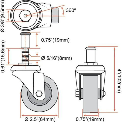 Diagram of Heavy Duty 2.5 Inch Swivel Caster Wheels Six Pack For Creeper Carts And Service Posts showing dimensions and specifications.
