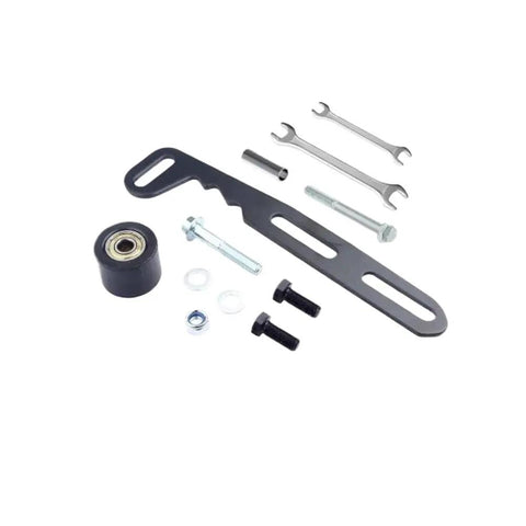 Chain Tensioner For Iron Transmission System Fits 50cc To 125cc Gas Powered Motorcycles And Bikes Keeps Your Chain Tight And Sprocket Aligned Durable Metal Build For A Smooth Ride showing components including bracket, roller, and bolts on white background
