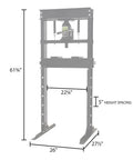 Beefy 20 Ton Hydraulic Shop Press For Home Mechanics And Small Shops With Adjustable Ram Includes Manual Hand Pump Built To Last Steel Frame Great For Automotive And Metalworking Tasks with dimensions 61.75" height, 22.5" width, 27.5" base width, and 5" height spacing shown.