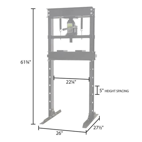 Beefy 20 Ton Hydraulic Shop Press For Home Mechanics And Small Shops With Adjustable Ram Includes Manual Hand Pump Built To Last Steel Frame Great For Automotive And Metalworking Tasks with dimensions 61.75" height, 22.5" width, 27.5" base width, and 5" height spacing shown.