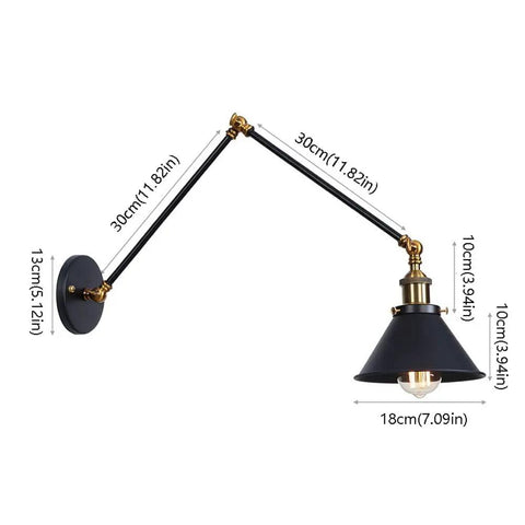 Badass Industrial Swing Arm Wall Sconce Adjustable Metal Light Fixture E27 Socket dimensions with black and gold finish.
