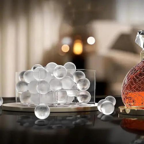 Countertop Ice Maker Machine Portable Sphere Creator Unit With Auto Self Cleaning And Responsive Touch Panel For Fast No Sweat Daily Batch Production At Home Bars And Weekend Sessions Party Ready Style with clear spherical ice cubes on display.