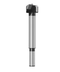 Front view of an 18mm steel woodworking drill bit with a long silver shank and black cutter head