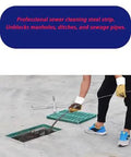 Person using Premium Steel Drain Cleaning Rod For Nasty Household Gunk Badass Clog Ripper to clear sewer pipes.