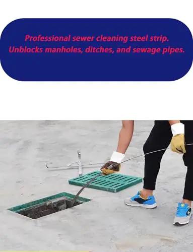 Person using Premium Steel Drain Cleaning Rod For Nasty Household Gunk Badass Clog Ripper to clear sewer pipes.