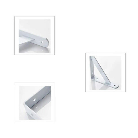 Top Tier Heavy Duty White L Shaped Wall Shelf Brackets, Thick Iron Angle Supports For Hanging Books And Home Decor, Rust Resistant Spray Finish, Built Like A Tank To Level Up Your Storage Game close-up view of white iron angle shelf brackets.