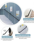 Premium Black Metal Stair Handrail With Heavy Duty Wrought Iron Brackets For Indoor And Outdoor Use, illustrating stable support on stairs.