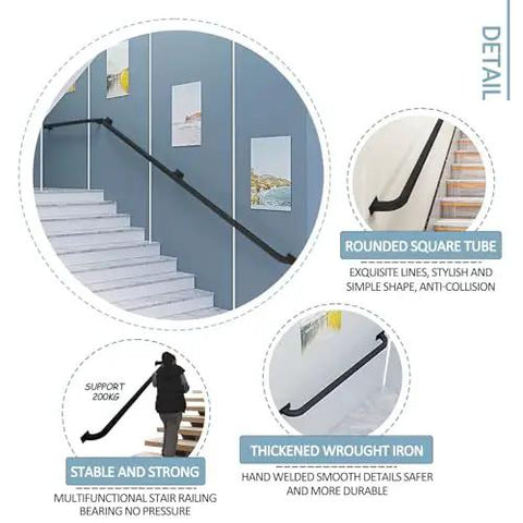 Premium Black Metal Stair Handrail With Heavy Duty Wrought Iron Brackets For Indoor And Outdoor Use, illustrating stable support on stairs.