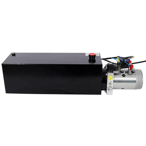 Yaton 12V Hydraulic Power Unit With 15 Quart Steel Reservoir 2.2kW DC Motor Pump For Dump Trailer Lift Gate Log Splitter Heavy Duty Equipment black hydraulic pump assembly side view