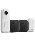 Wireless Smart Security Camera System With Video Doorbell Offering Two Year Battery Life Sync Module And Head To Toe Crystal Clear View For Dead Simple Setup And Rock Solid Neighborhood Safety, featuring one white doorbell and two black cameras.
