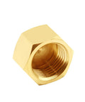 Brass 1/2-inch NPT cap with outer hex and female threads, pipe end plug.