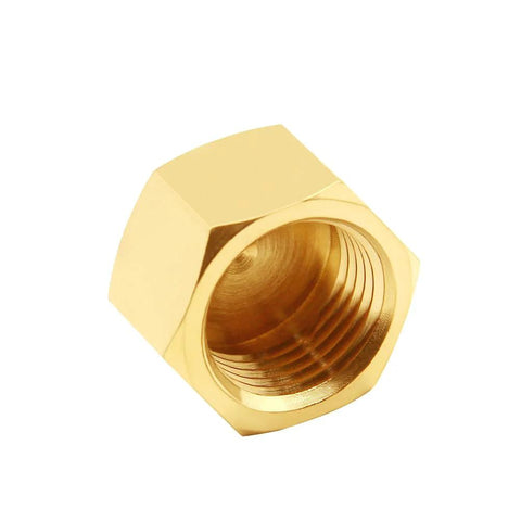 Brass 1/2-inch NPT cap with outer hex and female threads, pipe end plug.