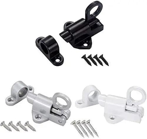 Dead Tight Automatic Sliding Door Lock Spring Bolt Latch set including black and silver latches with screws for quick installation.