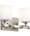 Two-Light Marette 13.5-Inch Vanity Light in Brushed Nickel with Satin Etched Cased Opal Glass for Bathroom or Powder Room delivers ambient glow