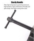 4-Inch Small Flat Table Vise, close-up of black metal vise with long threaded screw and T-handle