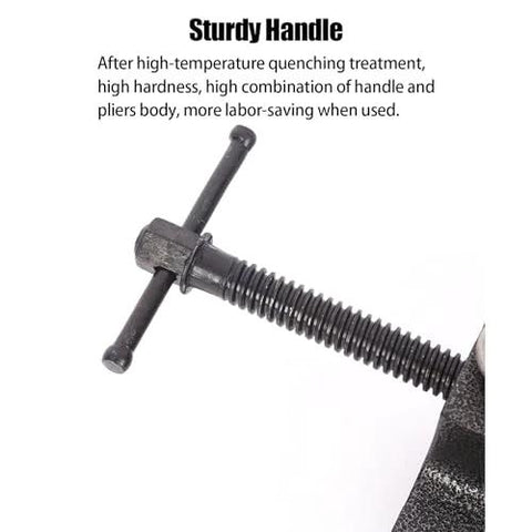 4-Inch Small Flat Table Vise, close-up of black metal vise with long threaded screw and T-handle