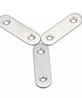 Close-up of Stainless Steel Corner Brackets Set 10 Pcs Flat Mending Plates with Pre Drilled Holes, arranged in Y shape.